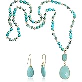 2 Pcs Boho Lapis Lazuli Jewelry Set for Women - Handmade Natural Stone Beaded Long Necklace with Oval Lapis Lazuli Pendant & Trapezoid Lapis Lazuli Earrings | Vintage Elegance | Ideal Gift for Her