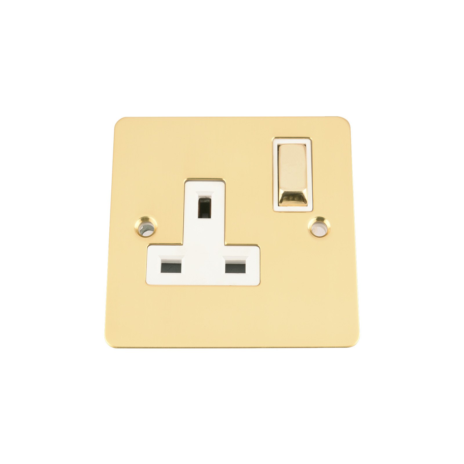 A5 Wall Socket 1 Gang - Polished Mirror Brass Flat - White Insert - Metal Rocker Switch - 13A Single Plug Socket