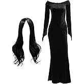 Sureio Morticia Addam Costume Women Dress Halloween Witch Costume V Neck Long Sleeve Bodycon Dress Black Wig Addam Cosplay