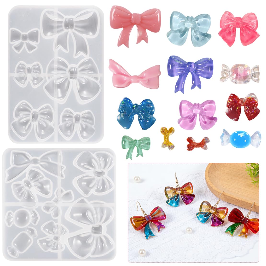 DeryArcle 2Pcs Bowknot Jewelry Resin Mould, Bow Tie Hairpin Silicone Moulds, Small Charm Molds Kit Earring Epoxy Resin Casting Mold for DIY Bracelet Key Chain Pendant Bag Phone Shell Decor Craft