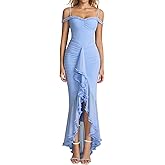 KUTUMAI Women Ruffle Bodycon Maxi Dress Ruched Long Formal Cocktail Wedding Guest Dresses