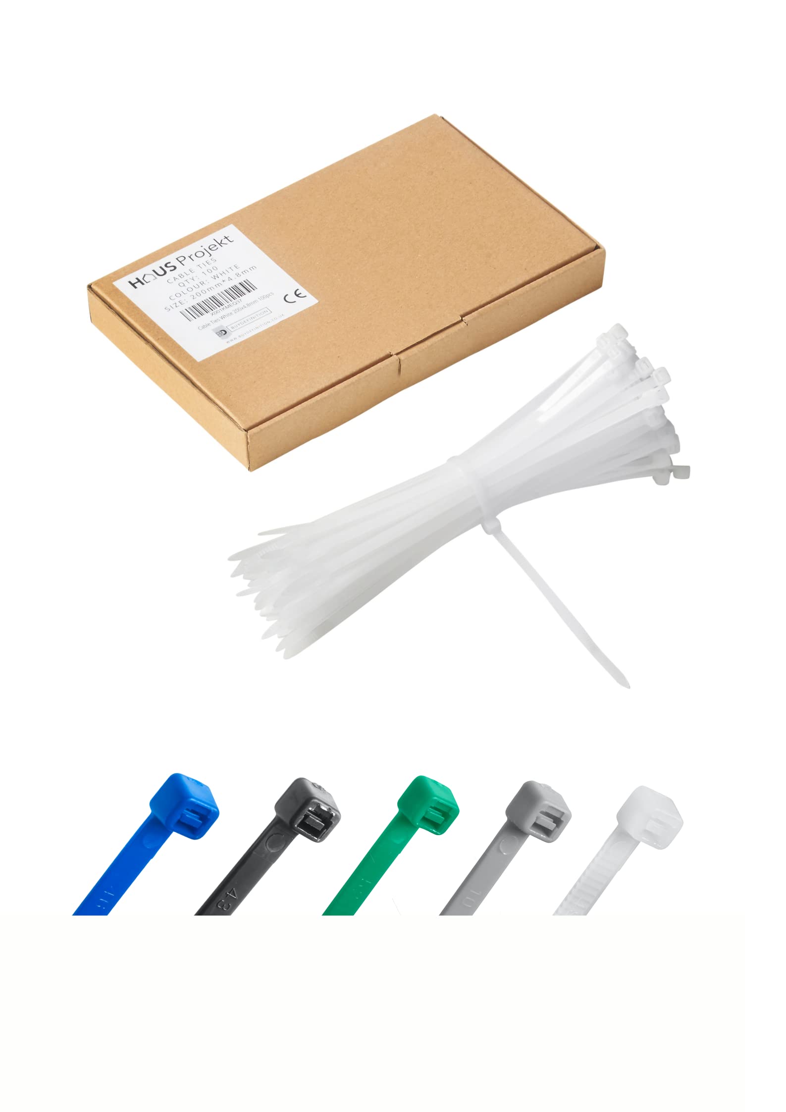 Haus Projekt White 200x4.8mm Cable Ties Heavy Duty, 100pcs Premium Industrial Multi-Purpose Plastic Zip Tie Wraps, Indoor and Outdoor Use, Cable Management, Wires, Office, Garden, Zip Ties White — image 1
