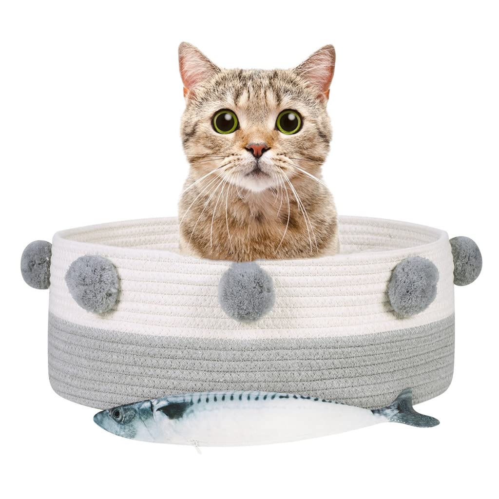 Qchomee Cat Bed Basket Nest Summer Grey Round Pet Small Dog Bed Rest Sleeping House with PomPom Cat Kitten Cave Scratcher Donut Cotton Rope Woven Washable Foldable,Four Seasons Universal