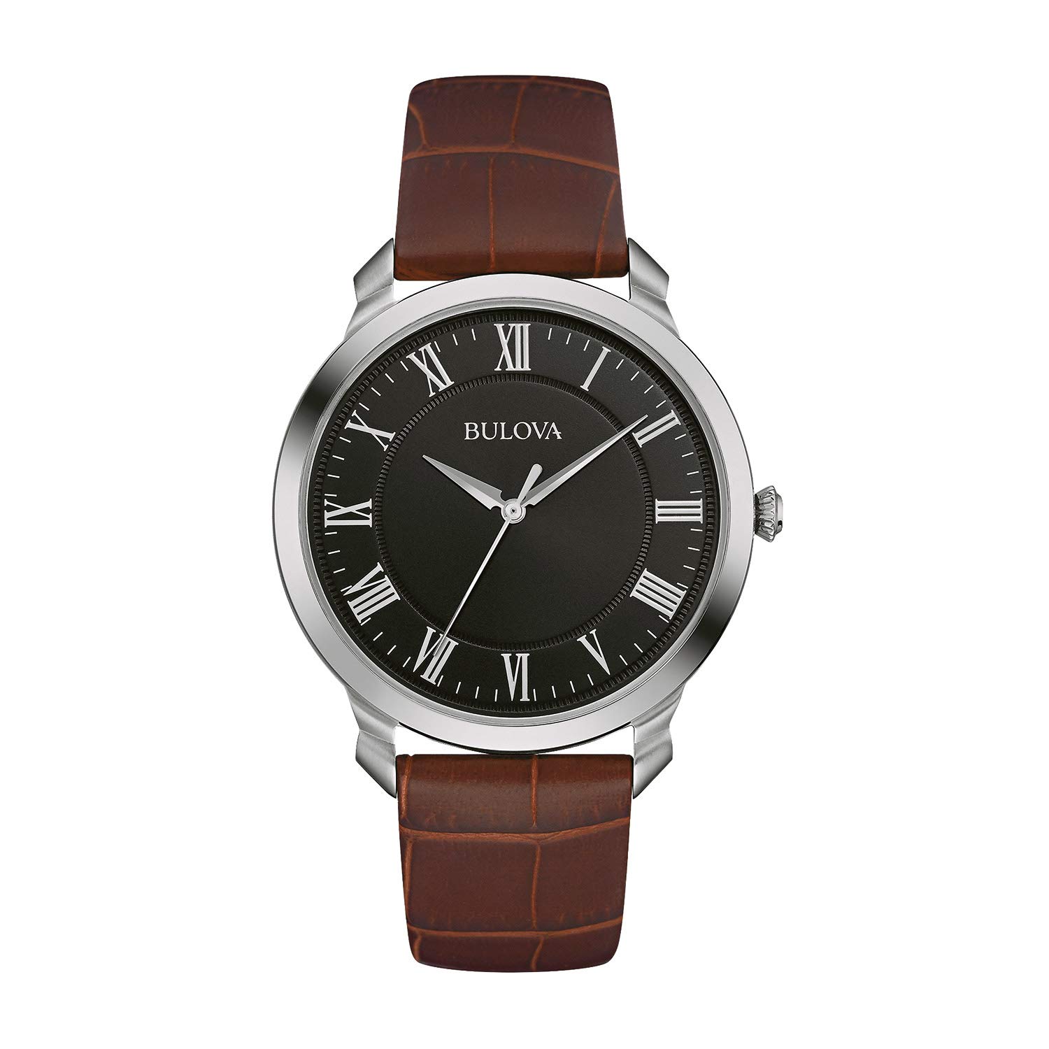 Bulova Reloj clásico de cuarzo para hombre, acero inoxidable con correa de cuero marrón, tono plateado (Modelo: 96A184)