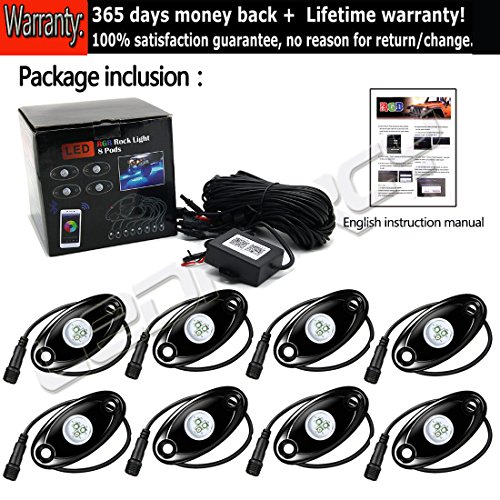 RGB LED Rock Lights Bluetooth APP Control Multicolor Neon LED Lights Kit Underbody Lighting Timing & Flashing & Music Mode for JEEP Off Road Truck Car ATV SUV Yacht Boat (8 Pods-RGB)