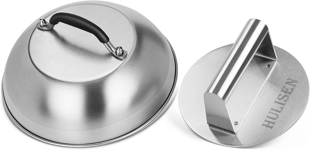 HULISEN Cheese Melting Dome & Burger Press 9 Inch Stainless Steel Griddle Kit