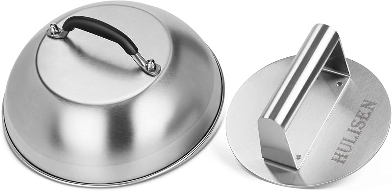 HULISEN Cheese Melting Dome & Burger Press 9 Inch Stainless Steel Griddle Kit
