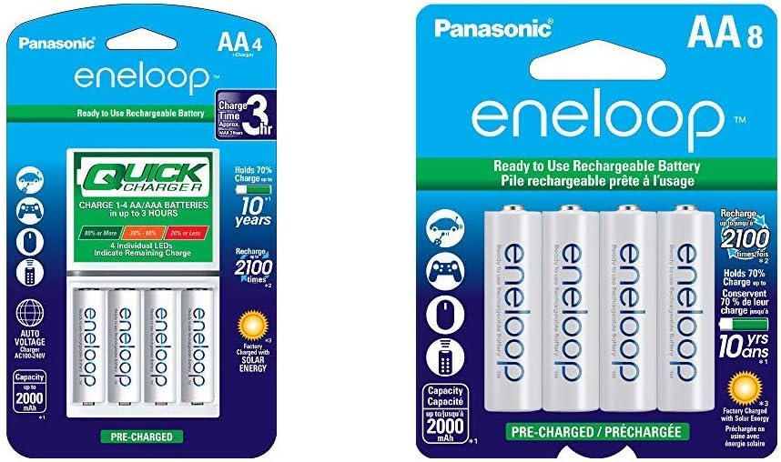 Panasonic Advanced eneloop Individual Battery 3 Hour Quick Charger with 4 AA eneloop Rechargeable Batteries, White & BK-3MCCA8BA eneloop AA 2100 Cycle Ni-MH Pre-Charged Rechargeable Batteries, 8 Pack