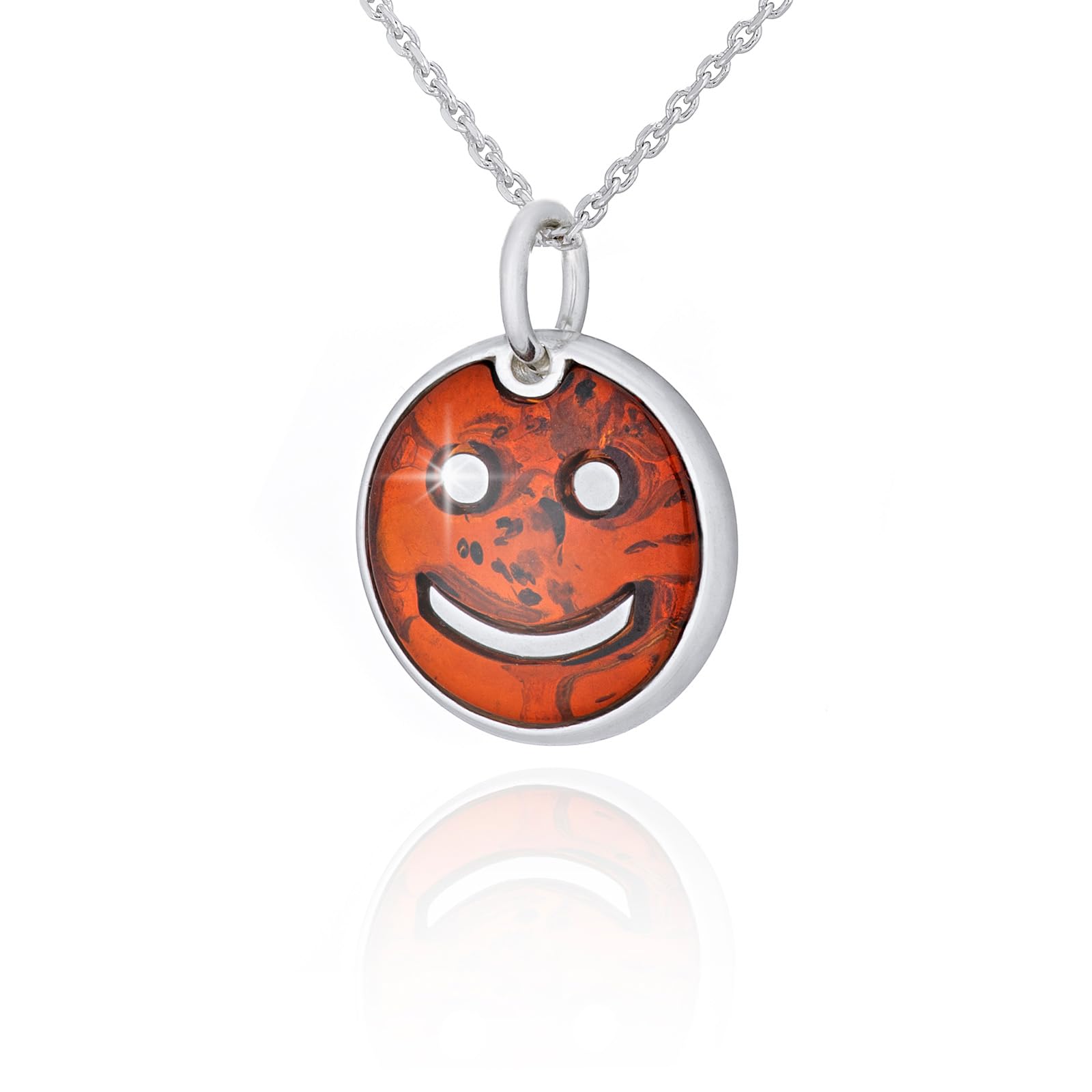 AMBEDORA, Women's Necklace Keep Smiling Emotikon, Polished Sterling Silver, Baltic Amber in Cognac Colour, Silver Pendant with Chain