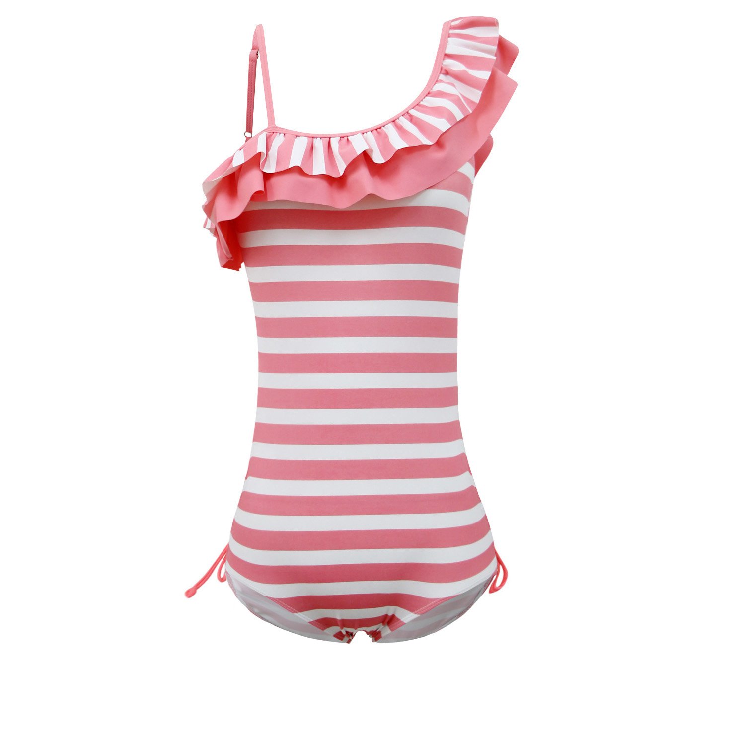 qyqkfly Girls Adjustable One Piece Colorful Stripe Double Ruffle One Shoulder Swimwear 5Y-15Y Swimsuit (FBA)