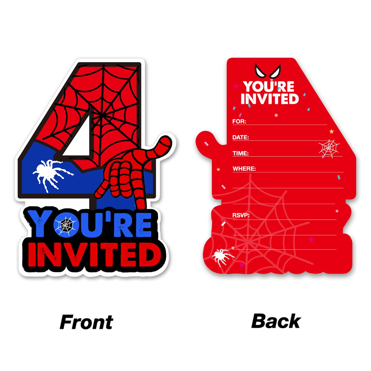 Cute Superhero 4th Birthday Party Invitations Glitter Super Hero 4 Year Old Boy Birthday Shaped Invites Fill-in Invitations With Envelopes, Set of 20