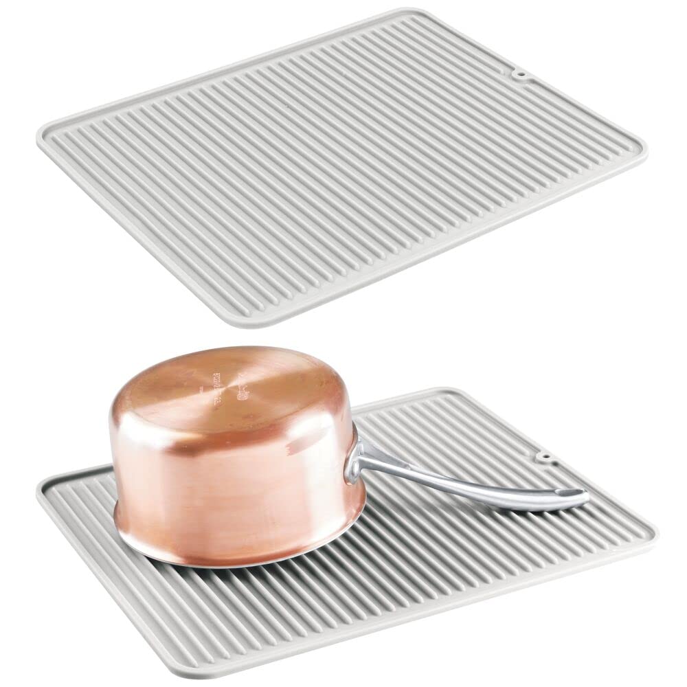 mDesign Set of 2 Non-Slip Dish Drainer - Silicone Dish Drying Mat for Pots and Dishes - Dishwasher Safe Dish Drainer for Kitchen - Light Grey