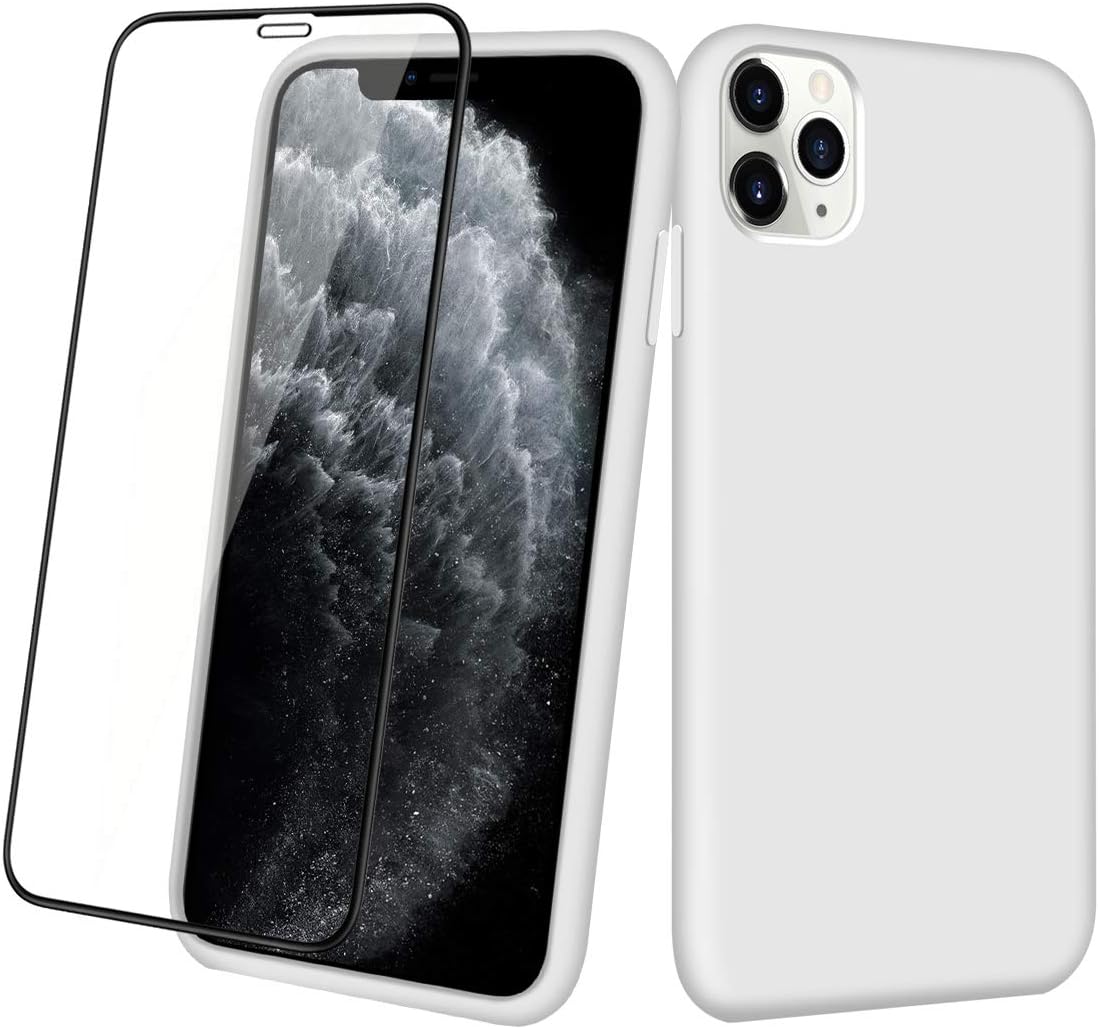 Aemotoy Case for iPhone 11 Pro Max Soft Rubber Silicone Case Full Body Wrapped 2 in 1 with Tempered Glass Anti-Scratch Shock Absorption Slim Cover Case for 2019 Release iPhone 11 Pro Max, White