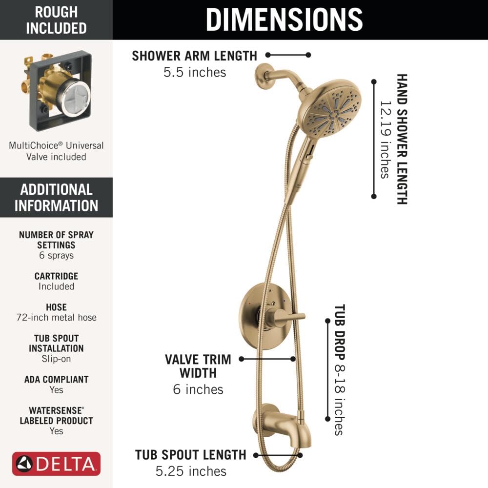 Delta Nicoli 14 Series Brushed Gold Bathtub Shower Faucet Set with Handheld Shower Head, Valve Trim Kit, Champagne Bronze 144749-CZ-HS (Valve Included)