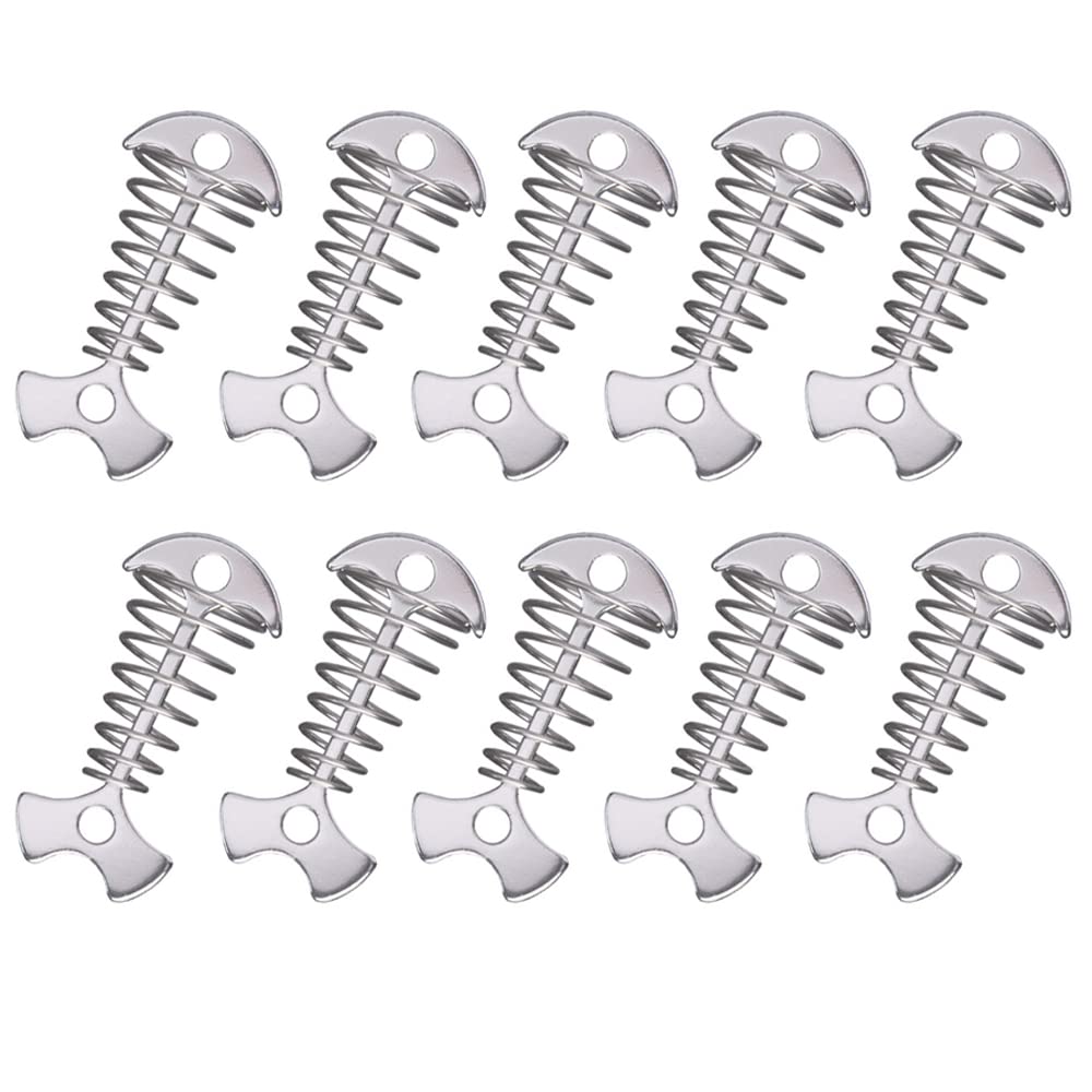 Aluminium Alloy Fishbone Deck Anchor Pegs, Portable Camping Tent Nail with Spring Buckle, Outdoor Camping Accessoriness, Pack of 10, Sliver