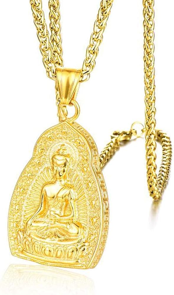 Stainless Steel Gold Religious Buddha Statue Pendant Necklace Buddhism