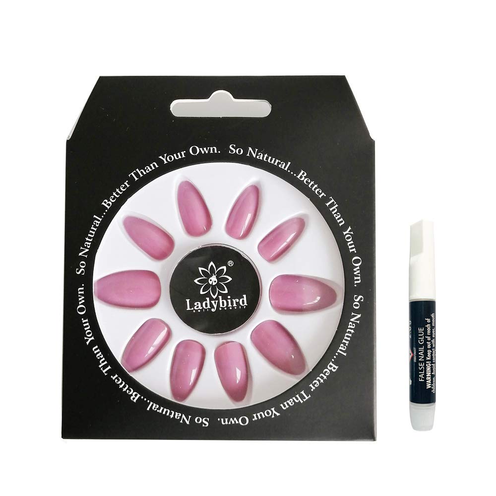GENNYUE 24PCS and 12 Size of Fake Nails, Nude Full Cover Oval Short UV Top Coat Artificial Acrylic Nails, False Nails + Glue, 1 Pack (Light Purple Stiletto Nails)