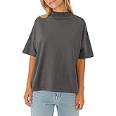 Womens Casual Short Sleeve Mock Neck T Shirts Summer Loose Fit Basic Plain Tee Tops