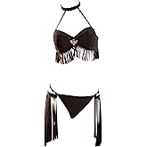 MEOWCOS Women's Bikini Set 3 Piece Hippie Cowboy Swimwear with Fringed Beach Skirt Retro Bathing Suit Vacations