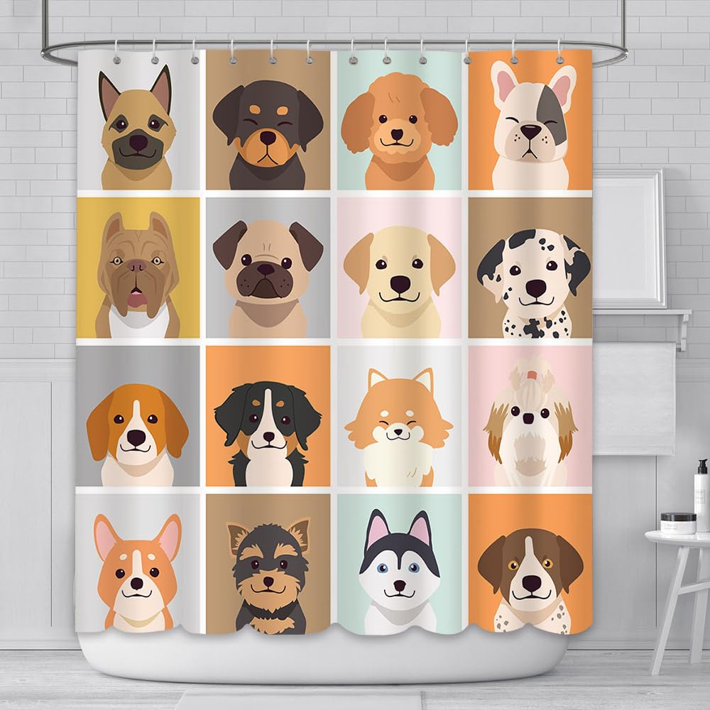 AIBIIN Animal Dog Shower Curtain Cute Fun Colorful Checkered Painting Bath Curtains Durable Waterproof Fabric Bathtub Home Decor with 12 Hooks 180x180cm
