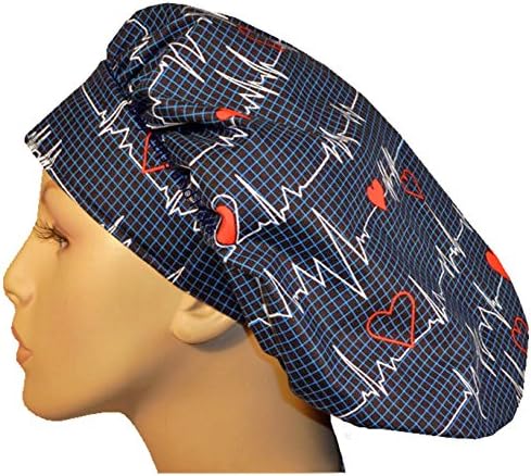 Surgical Scrub Bouffant Cap Womens Long Hair Blue Heart Beat EKG Hospital