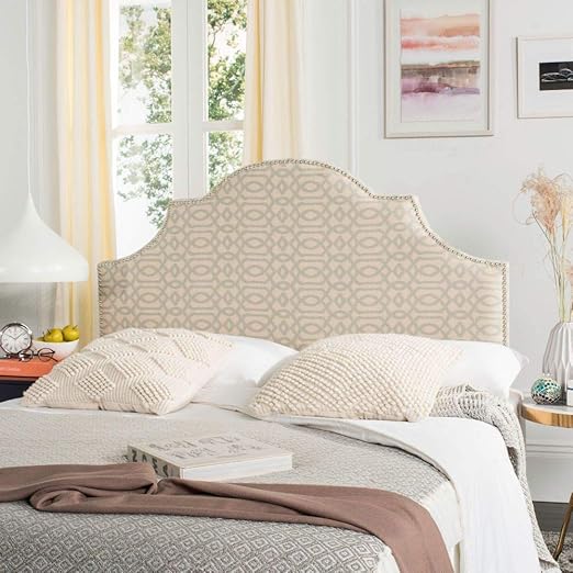 Amazon Com Safavieh Hallmar Wheat Pale Blue Upholstered Arched Headboard Silver Nailhead Queen Bedroom Furniture Sets