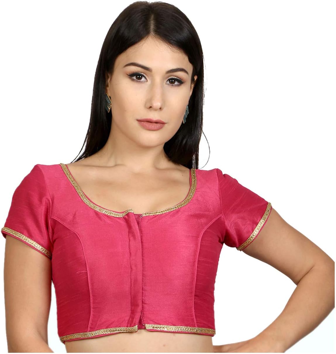 Womens Designer Dupion Silk Princess Cut Padded Short Sleeves Readymade Saree Blouse