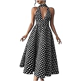 Floerns Women's Polka Dots Vintage Halter Dress Sleeveless Open Back Party A Line Midi Dresses