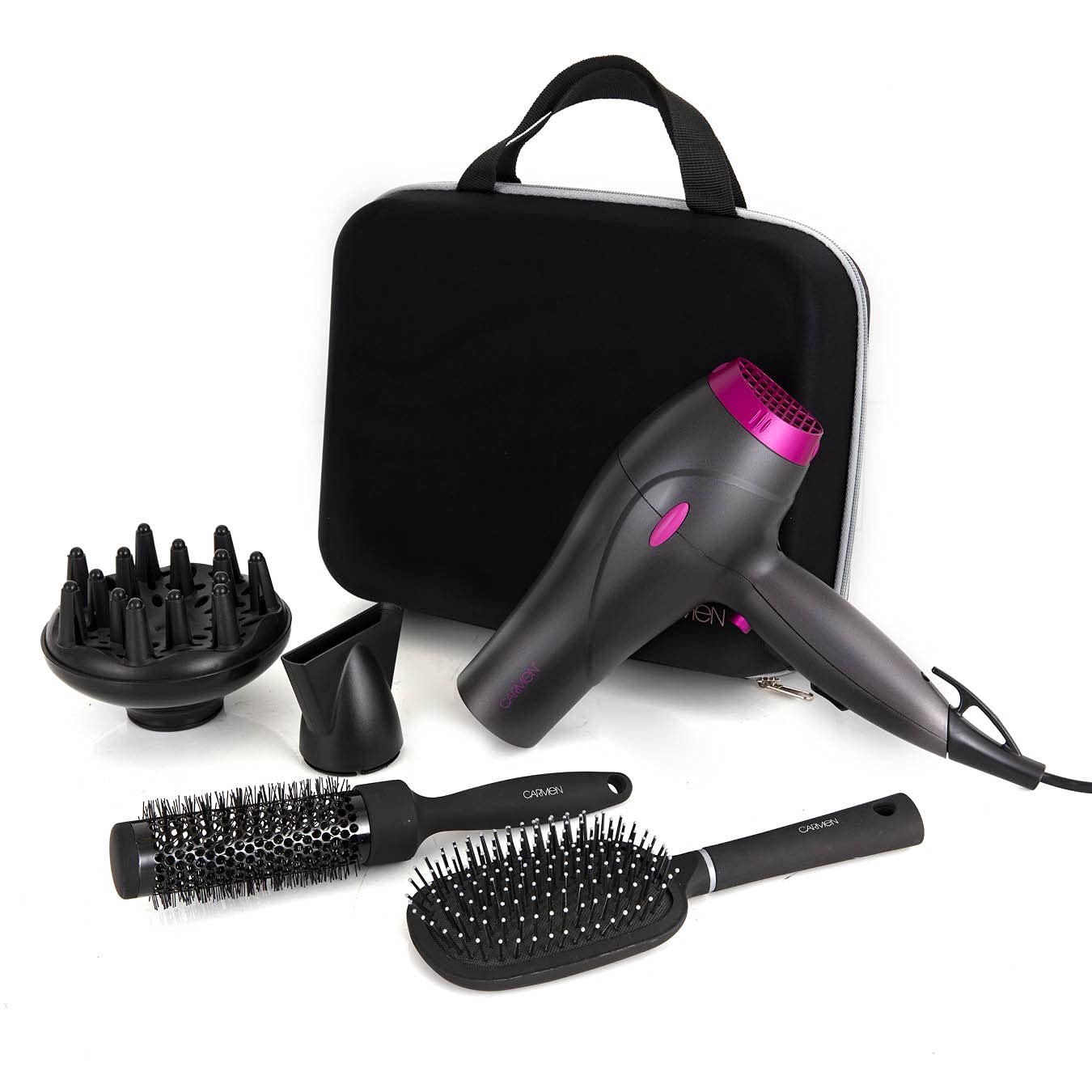 Carmen Neon Hair Dryer Gift Set with Keratin Protech, Diffuser, Concentrator Nozzle, 2000W, Graphite and Pink, C81072