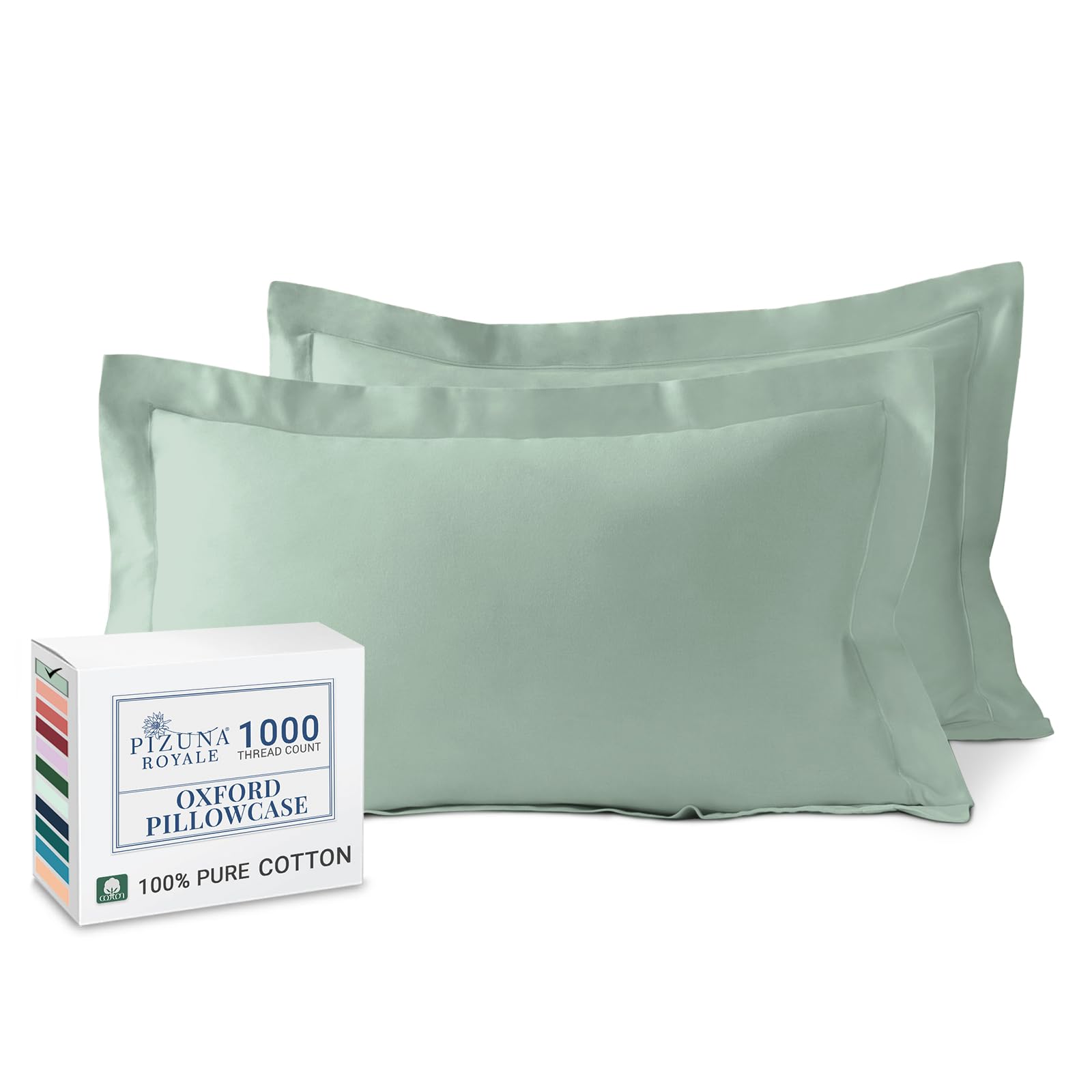 Pizuna Luxurios Cotton Pillow Cases 2 Pack Sea Foam 50x75cm, 1000 Thread Count Long Staple Combed Cotton Thick Pillow Cover, Soft Sateen Oxford Pillow Cases (100% Cotton Pillowcase Pack of 2)