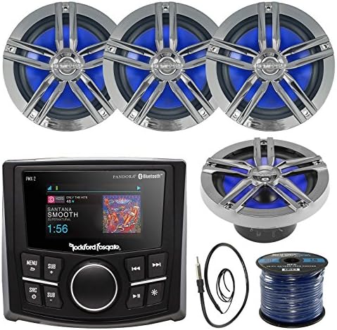Rockford Fosgate PMX-2 Ultra Compact Bluetooth Marine Boat MP3 Digital Media Receiver Bundle Combo With 4x Enrock Charcoal 6.5 Inch Audio Speaker + 22 Radio Antenna + 50 Ft Speaker Wire
