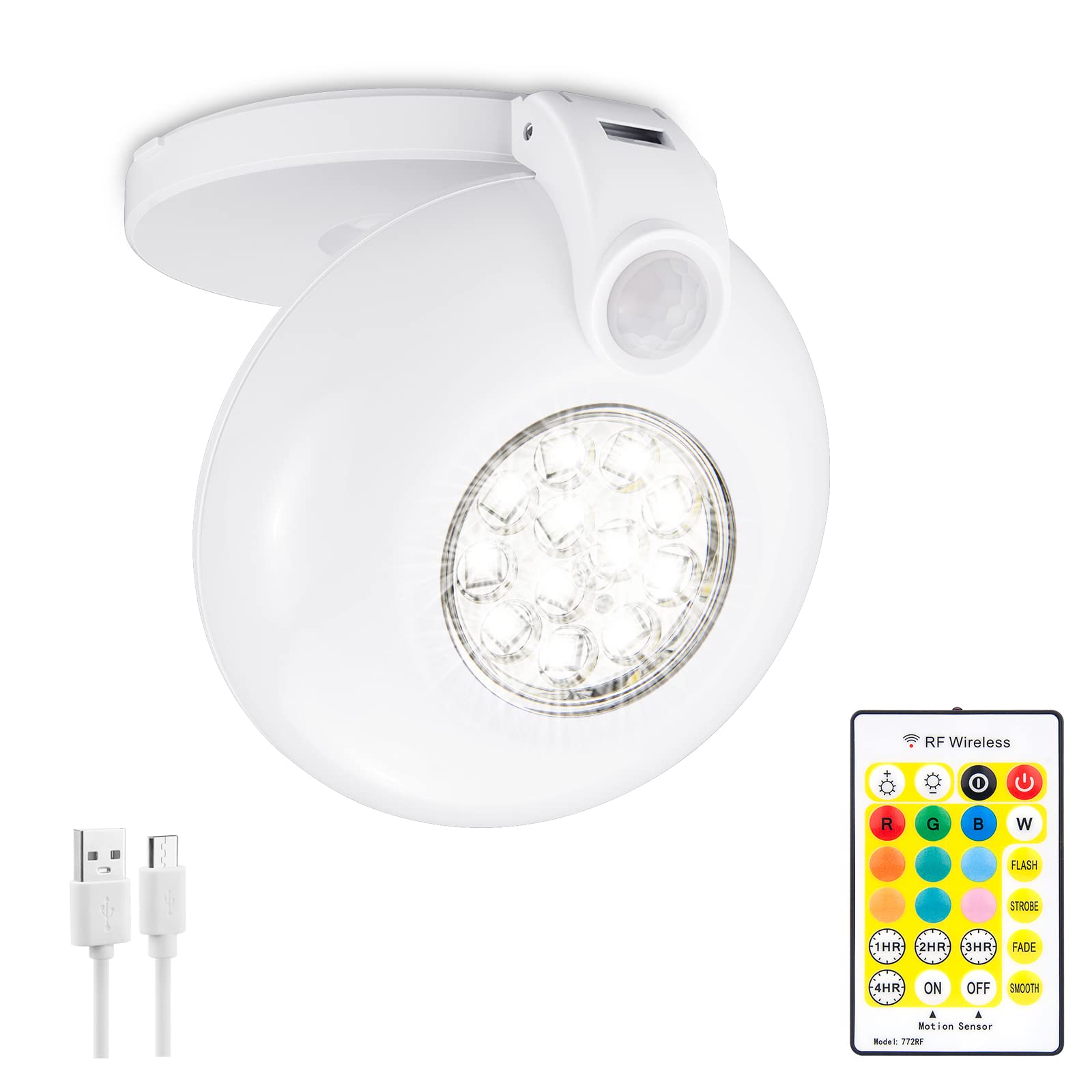 BIGMONAT Human Infrared Sensing Indoor/Outdoor Spotlight, Rechargeable Intelligent Remote Control Corridor Color Changing Spotlight Ceiling Light, 12 RGB Smds, 200 Lumens, White