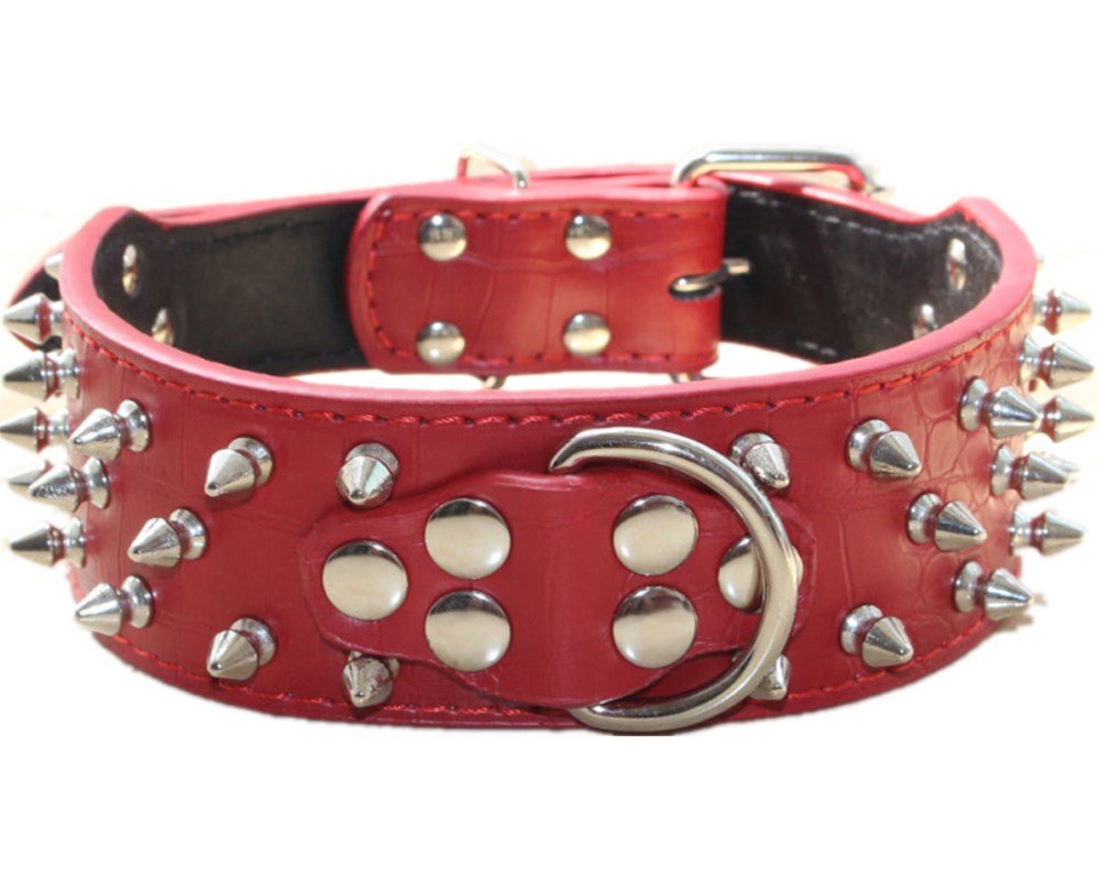 haoyueer Spiked Leather Dog Collar Bullet Rivets Studded 2 Inch Width Stylish Leather Dog Collars for Medium & Large Dogs Pitbull … (L, Red)