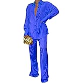 GTMRINJN Womens Silk Satin 2 Piece Outfit Long Sleeve Lapel Button Down Tops Wide Leg Palazzo Loungewear Pajama Set