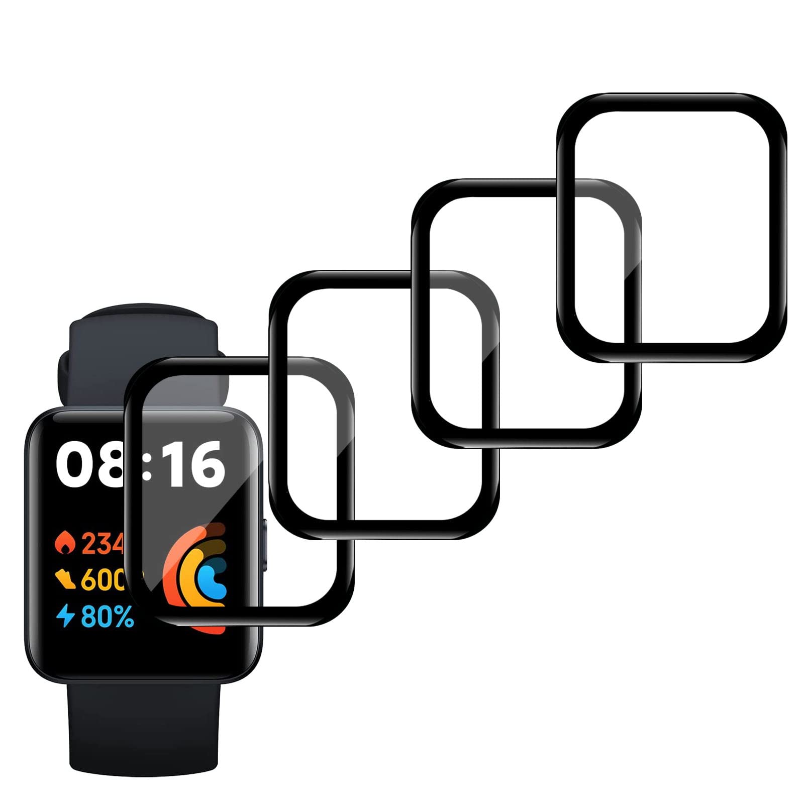 [Pack of 4] Compatible with Xiaomi Redmi Watch 2 Lite, 3D Curved Full Coverage Protection Screen Protector, Waterproof Film, Anti-Scratch, Bubble-Free HD Clear for Xiaomi Redmi Watch 2 Lite
