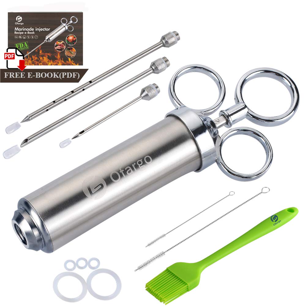 Ofargo Stainless Steel Meat Injector Syringe with 3 Marinade Injector Needles for BBQ Grill Smoker, 2-oz Large Capacity, Recipe E-Book