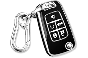 QBUC for Chevy Key Fob Cover With Keychain Chrome Trim Soft TPU Compatible with 2010-2019 Chevrolet Chevy Equinox Malibu Impala Cruze Sonic 5 Button(Chrome Trim Black)