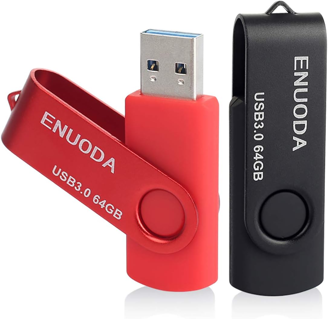 2 Pack 64GB USB 3.0 Flash Drives ENUODA Swivel USB Memory Stick 64GB Thumb Drives Zip Drives Data Storage Jump Drives 2 Colors: Red Black