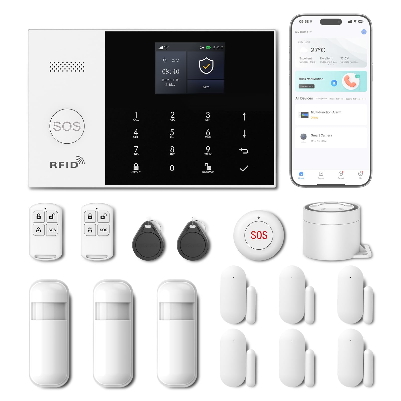 PGST Home Security System, 16 Piece WiFi GSM 2G Home Security Alarm System with Remote Control Door Window Alarm Sensor IR Motion Detector Compatible with Alexa