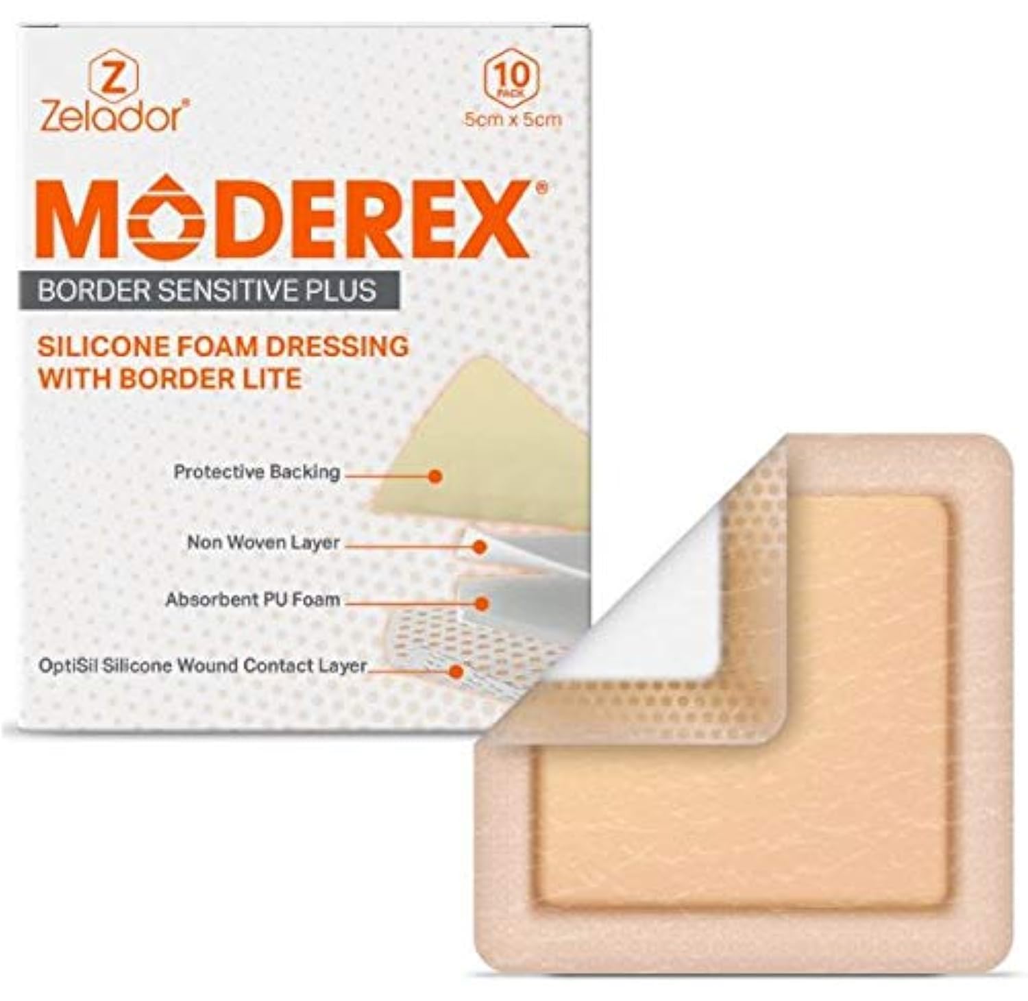Silicone Lite Foam Dressing (Moderex Border Sensitive Plus) with Border for Light to Moderate exuding Wounds for Sensitive Skin (5x5cm x 10)