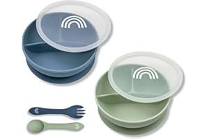 Hippypotamus Suction Bowls with Lids & Utensils - Baby & Toddler - 100% Food-Grade Silicone Divided Bowls - BPA Free - Dishwasher Safe - Set of 2 (Sage/Fog)