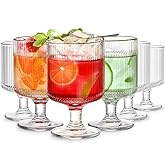 BGTTI 6 Packs Vintage Goblet Glasses, 8 oz Wine Glasses, Relief Stripes Glass Cup Set, Drinking Goblets, Bar Tumbler Glassware for Iced Tea, Wine, Beer, Juice, Cocktail, Whiskey
