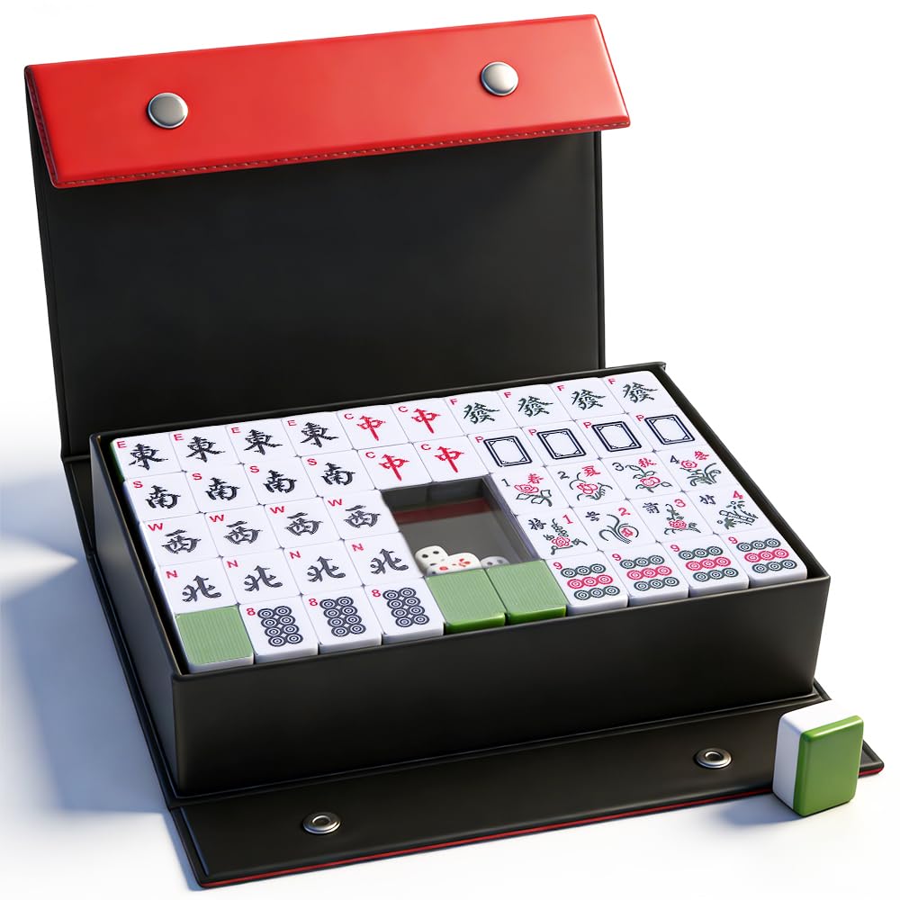 NAVESO Mahjong Set, Mahjong Tiles Chinese Board Game, 144PC Mah Jong Set UK Full Size, 3x2.25cm Majong with 2 Dice for Travel Party Family Game