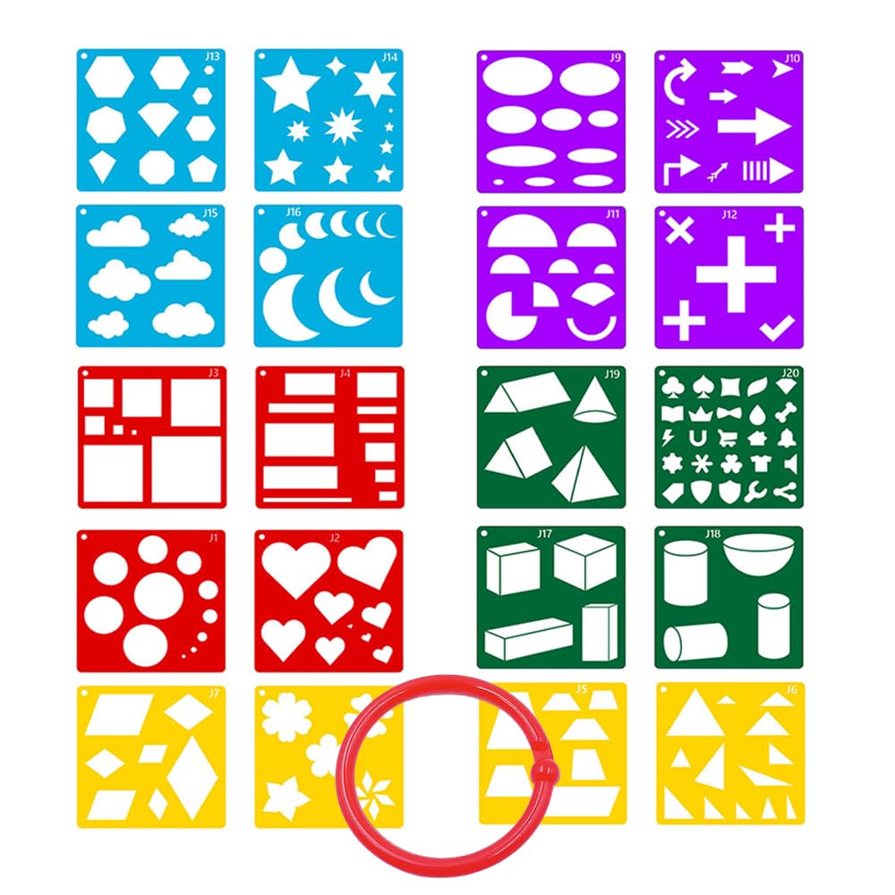 ONEBO 20 Pcs Geometric Pattern Stencils,Reusable Template,Simple Shapes Colorful Drawing Stencils,for Home Decor DIY Craft Art Gift (Coloured)