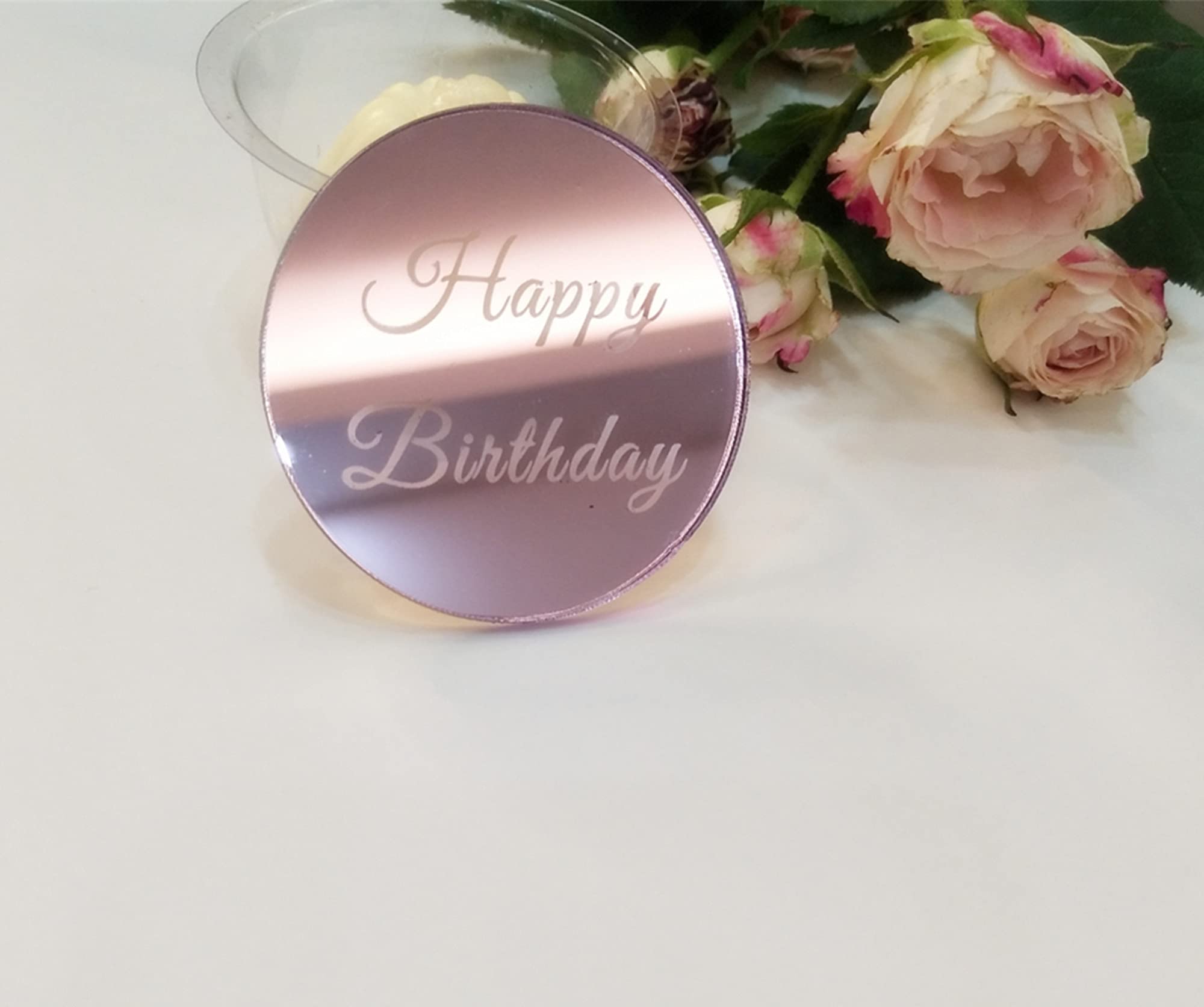 12pcs Mirrored Happy Birthday Cake Disc Cupcake Toppers, Acrylic Cake Charm, Engraved Topper,Mini Acrylic Cake Toppers (Pink Mirror)