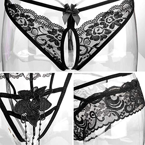 Joeyer 6 stuks damesstring tanga's zwart ondergoed met kant parel - Image 4