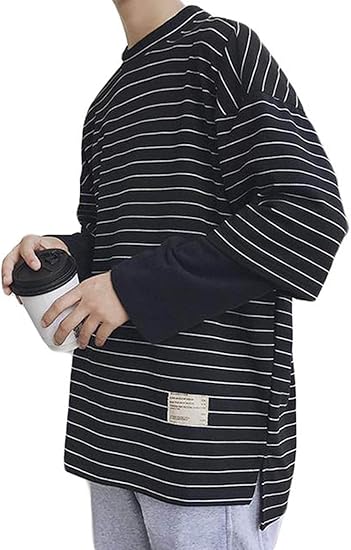 Amazon Shumingカットソー メンズ ゆったり ロンｔ ボーダー柄 ファッション 切り替え ｔシャツ レイヤード系クルーネック トップス おしゃれ ストリート系 大きいサイズ 春 Tシャツ カットソー 通販
