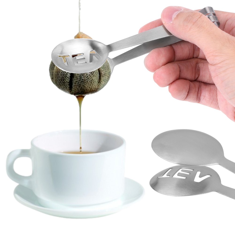 Spoon Shaped Tea Bag Squeezer/Holder Gadget, Round Stainless Steel Teabag Tong Strainer Holder Kitchen Bar
