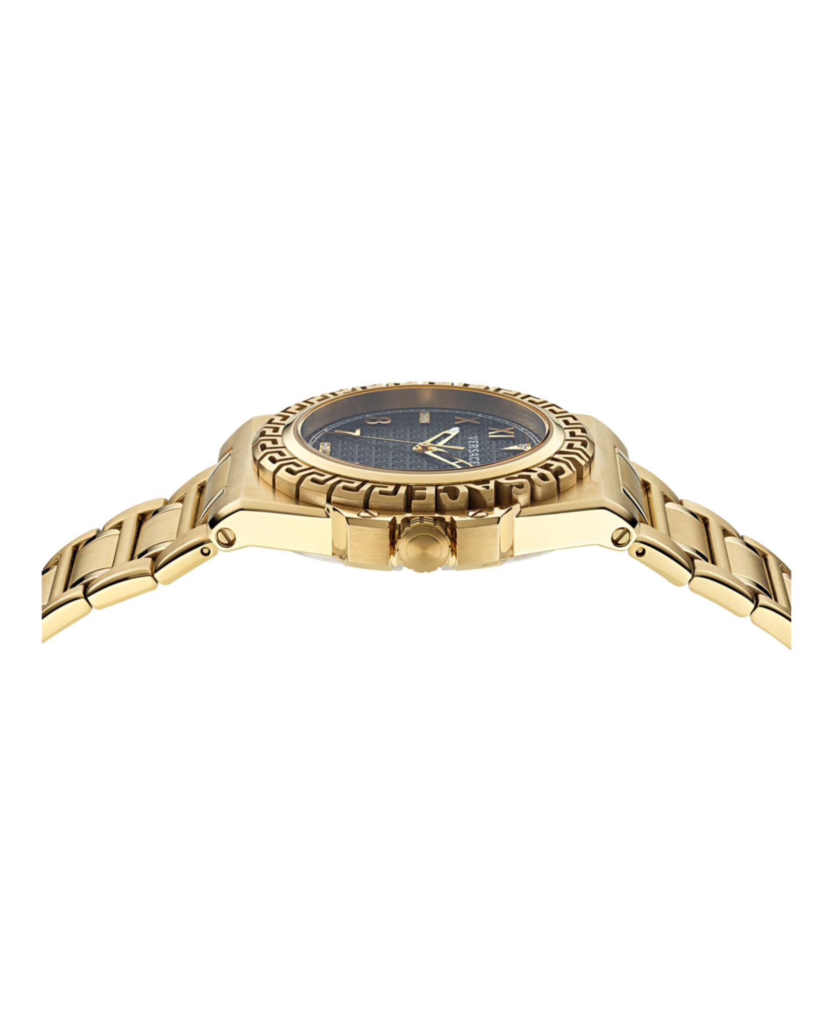 Versace Greca Reaction Collection Luxury Mens Watch Timepieces with a Gold Bracelet and Case Featuring a Black Dial