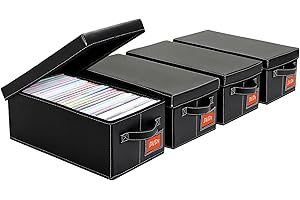 yoyobubu DVD Storage Box – Black Faux Leather DVD Case with Lid – DVD Shelf Organizer for 25 Standard DVD Cases – Foldable & Stackable Media Storage Solution-4Pack